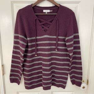 Calvin Klein Purple & Gray Stripe Lace Up V Neck Sweater